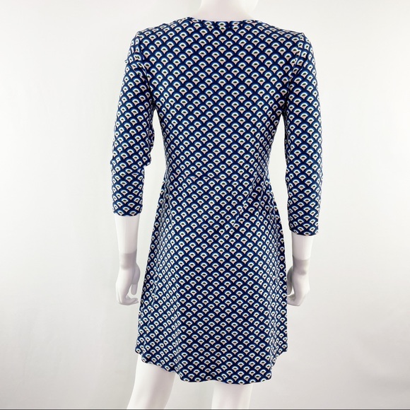 Boden Long Blue Patterned 3/4 Sleeve Short V-Neck Dress Size 6 - Picture 7 of 8